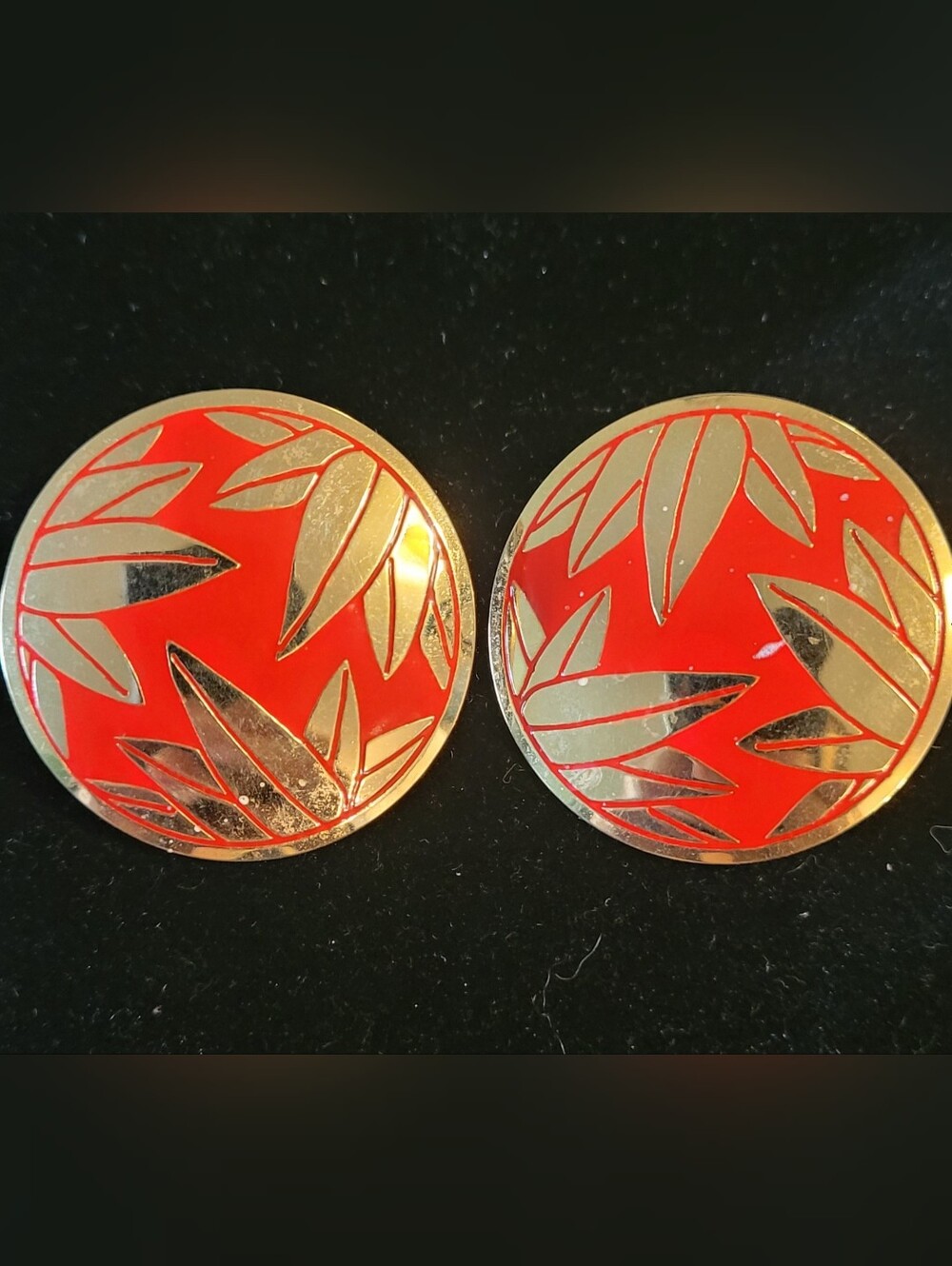 Vintage Red Enamel Gold Tone Statement Earrings Round Leaf Design